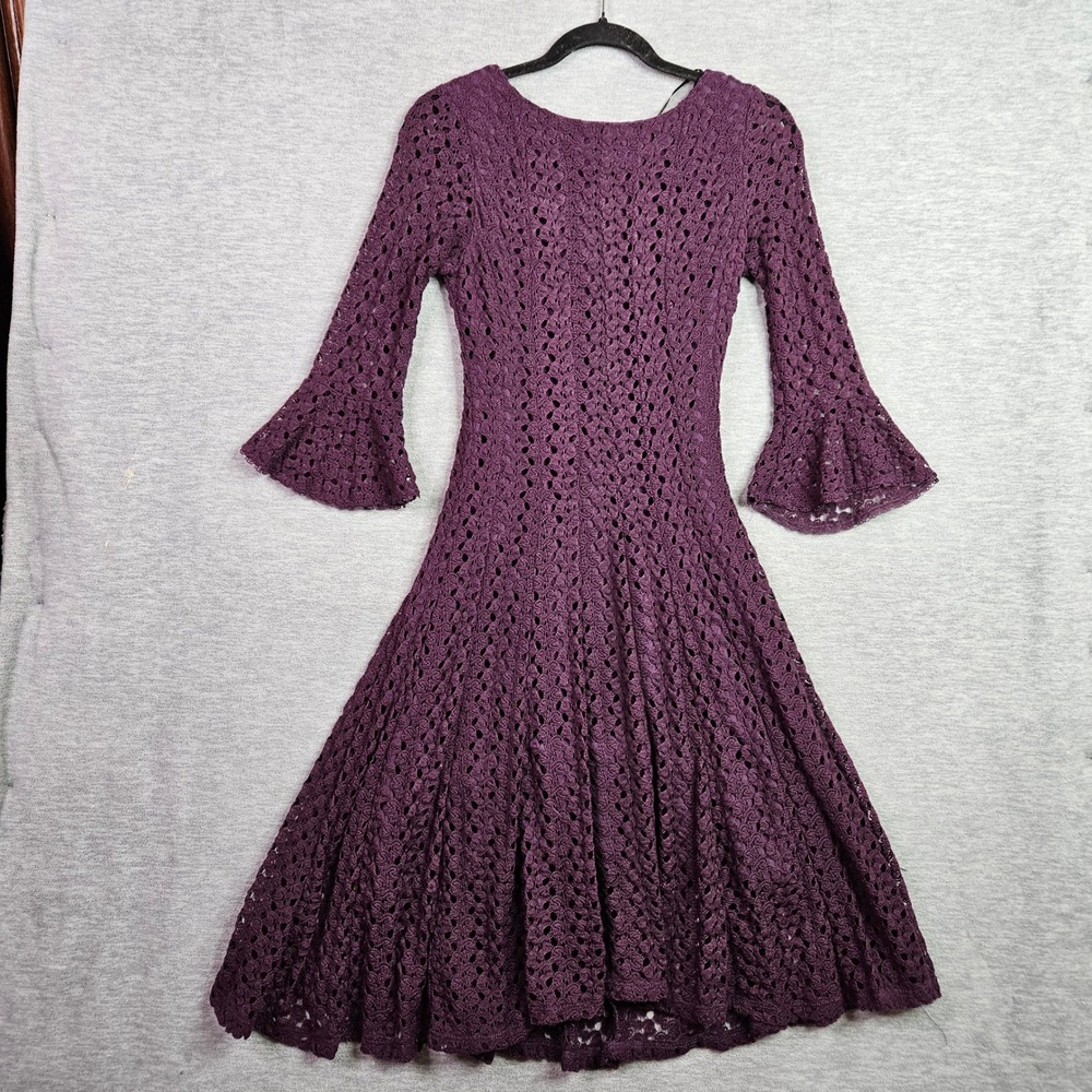 Rabbit Designs Purple Crochet Lace Bell Sleeve Dress Women's Size 6